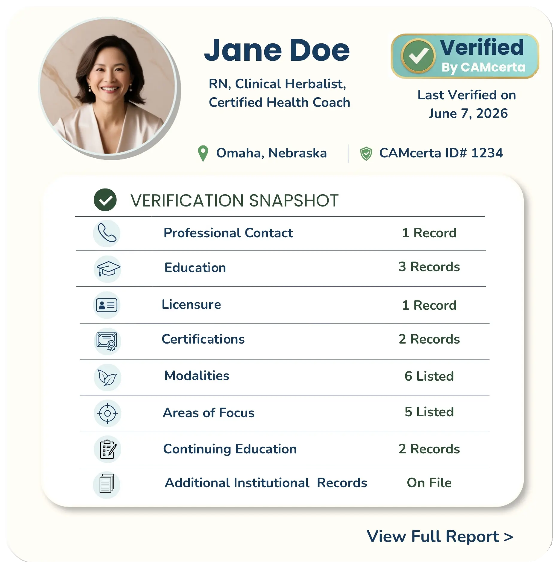 Jane Doe, CAMcerta verified practitioner profile card showing credentials snapshot
